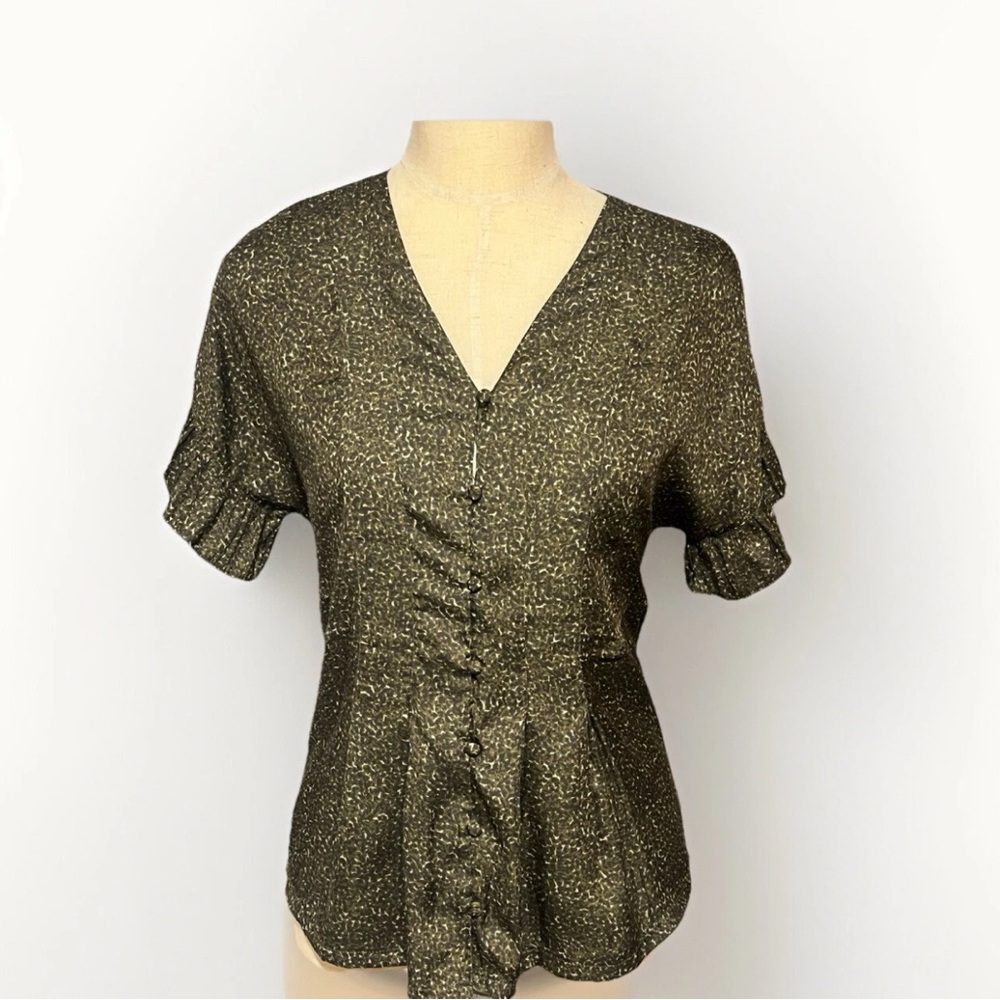 Dolan Anthropologie Size S Button Down Blouse Green Printed Ruffle Sleeve